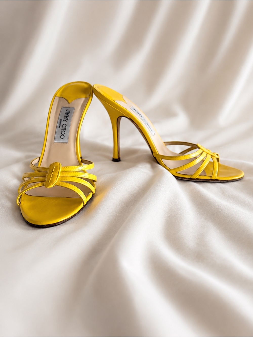 Jimmy Choo Yellow Strappy Satin Mules